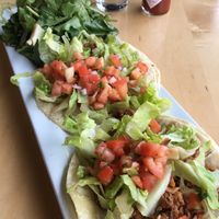 Vegan Street Tacos with cauliflower chorizo. Tasty, but the appetizer size entrée left me hungry, so I also ordered a cup of Vegan Black Bean Chili to complete the meal. at Peoples Organic in Eden Prairie