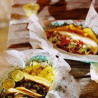 Al pastor tacos and bacon wrapped hot dog  at The Green Table in Victoria