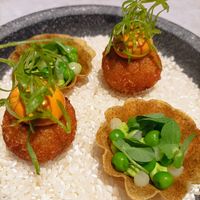 Cauliflower croquettes and pea/seaweed snacks. Waiter could see I'm greedy and told me not to eat the dry rice 😆 at Land in Birmingham