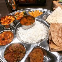 Special mixed thali. Every Thursday is Thali Thursday. You eat until you can eat no more. It’s a set menu with a vegan option of everything and the staff keep your plate FULL  at Lily's Vegetarian Indian Cuisine in Ashton-under-lyne