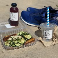 Cashew cheese bagel, tempeh on the side and hibiscus tea   at M & Love in Manhattan Beach