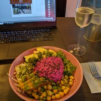 Pink hummus bowl at RoseHip Bistro - Pylimo in Vilnius