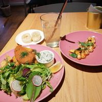 Vegan prawns for starters & Vegan Fish+Chips for main at RoseHip Bistro - Pylimo in Vilnius