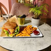 ‘Fish’ burger and fries   at RoseHip Bistro - Pylimo in Vilnius