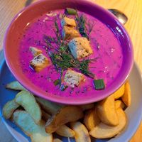 Extremely important moment for any vegan Lithuanian - proper šaltibarščiai with potato! at RoseHip Bistro - Pylimo in Vilnius