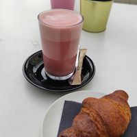 Beetroot latte and croissant 👌 at RoseHip Bistro - Pylimo in Vilnius