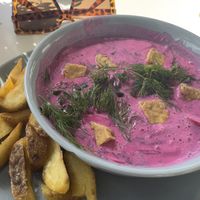 Beetroot soup comes with fries and is plenty filling on its own    at RoseHip Bistro - Pylimo in Vilnius