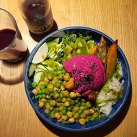 Pink hummus bowl at RoseHip Bistro - Pylimo in Vilnius