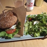 Tofu burger and side salad at RoseHip Bistro - Pylimo in Vilnius