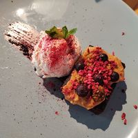 Peanut butter Brownie with ice cream at RoseHip Bistro - Pylimo in Vilnius