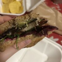 Portobello burger filled with actual grilled giant mushrooms (delicious)  at RoseHip Bistro - Pylimo in Vilnius