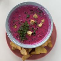 Vegan pink cold soup  at RoseHip Bistro - Pylimo in Vilnius