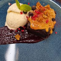 Brownie with peanut butter, jam & ice cream. at RoseHip Bistro - Pylimo in Vilnius