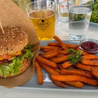 Beyond Meat Mexican burger + sweet potato fries at RoseHip Bistro - Pylimo in Vilnius