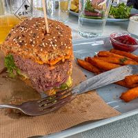 some Beyond Meat Mexican burger + sweet potato fries at RoseHip Bistro - Pylimo in Vilnius