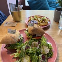Tempeh sandwich& potatoes and beetroot ketchup  at RoseHip Bistro - Pylimo in Vilnius