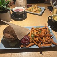 Tofu Burger with sweet potato chips and beetroot ketchup + ginger tea  at RoseHip Bistro - Pylimo in Vilnius