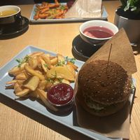 Tofu Burger with potato chips and beetroot ketchup + blueberry tea  at RoseHip Bistro - Pylimo in Vilnius