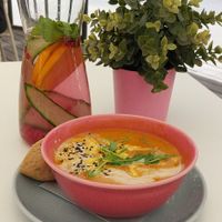 Infused water and tomato soup at RoseHip Bistro - Pylimo in Vilnius