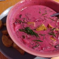Vegan borscht..with fries! at RoseHip Bistro - Pylimo in Vilnius