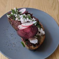 Toast with olive tapenade and vegan feta at RoseHip Bistro - Pylimo in Vilnius