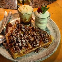 Vegetarian Waffles with nuts and ice and whipped cream at 2Stein in Krems An Der Donau