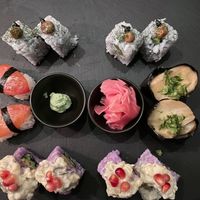 Second round of rolls (chefs special) the Gothic garlic (YES!) + our least favorite roll of the evening Purple rain (hummus and baba ganoush were fighting each other flavor wise) at Plant Based Sushi in Amsterdam