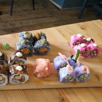 Chef's choice menu for 2. All 5 sushi rolls on a platter. at Plant Based Sushi in Amsterdam