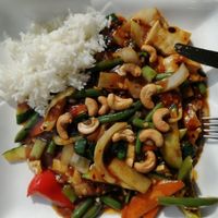 Fried vegetables and tofu in spicy gung bao sauce. (Rice comes in a separate bowl.) at Hot Wok City in Bergen