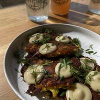 Veggie Fritters with a Cantelope and Raspberry Kiefer drink.    at Fermenter in Portland