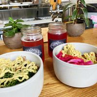 One of each of the bowls, kombucha, and ginger beer at Fermenter in Portland