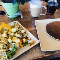Plant-Based Morning Bliss Scramble with Gluten Free Pancake, and an oat milk latte at Natural World Market & Cafe in Redondo Beach