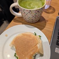 Matcha Latte + Smoked Tofu Sandwich at Anvil Coffee House in Edmonton