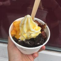 soy froyo M with peaches, dates, Oreos and passion fruit sauce  at YOMARO - Oberkassel in Dusseldorf