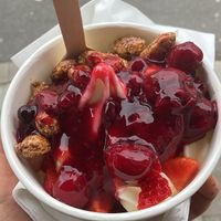 Small froyo with caramelized almonds, strawberries, berry compote   at YOMARO - Oberkassel in Dusseldorf