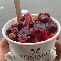 Small froyo with caramelized almonds, strawberries, berry compote   at YOMARO - Oberkassel in Dusseldorf