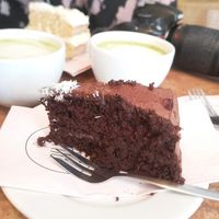 Chocolate cake and matcha latte at Pluk in Amsterdam