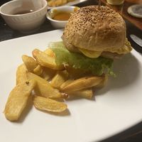 Cheese burger, chips, curry sauce and gravy on the side! Very tasty!   at Filthy Vegan in Ho Chi Minh City