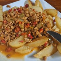 French fries with non carne and spicy level "Butanese" at Filthy Vegan in Ho Chi Minh City
