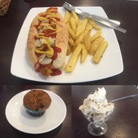 Hotdog and fries, Banana & Chocolate Chip Muffin and Coffee and Banana Icecream  at Filthy Vegan in Ho Chi Minh City