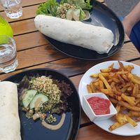 Red beet falafel wrap and fries at Green Flamingo in Innsbruck