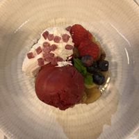 Baked Apple & Banana: with blackcurrant ice cream, red berries and crunchy caramelized chia!   at VEGA - Alamo in Madrid