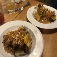 Heura chicken/veg skewers in satay sauce with sweet potato noodles   at VEGA - Alamo in Madrid