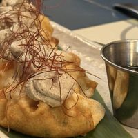 Gyoza with shiitake “foie”. There is a bit of truffle oil (which I usually despise), but it really worked on the pizza!  at VEGA - Alamo in Madrid