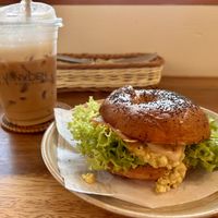 Vegan brekky bagel and iced oat cappuccino   at JanxDen Greenlife Cafe in Penang