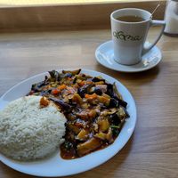 Aubergine with rice at Aroma Cafe in Fort William