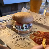Impossible burger, bean stalk with the vegan bun   at Burger Village in San Luis Obispo