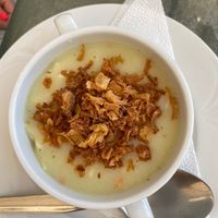Garlic soup with onion crisps at Walzer Etterem es Panzio in Velence