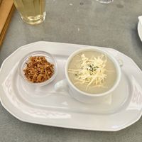 Garlic cream soup with vegan cheese  at Walzer Etterem es Panzio in Velence