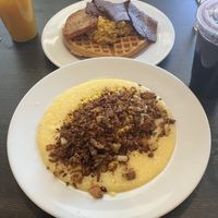 Breakfast waffle dish (top) and hash & grits dish (bottom). Both were amazing !  at How Delish HD in West Orange